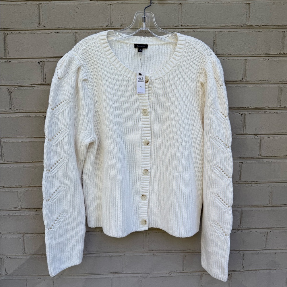 Talbots Size XL Cotton Blend Puff Sleeve Ivory Cardigan